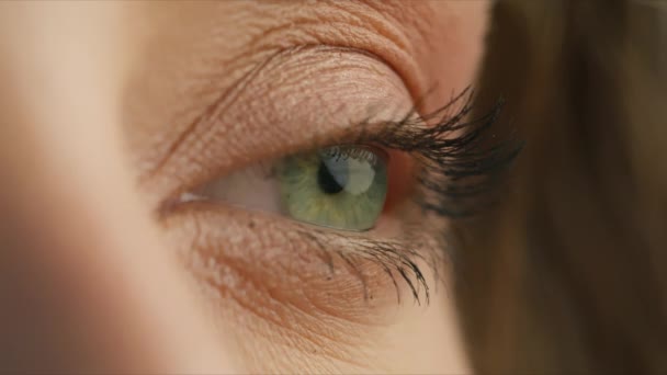 Side view of young woman with incredible light green eyes. Close up shot of eye opening with beautiful teal iris. Healthy eyesight concept 4K RED camera footage. Macro close up shot female human eye - Imágenes, Vídeo
