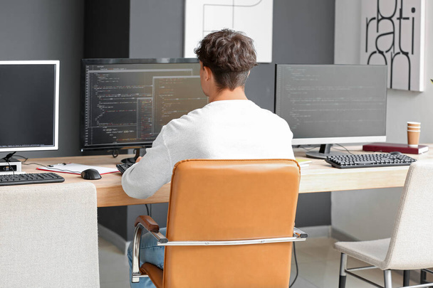 Mies ohjelmoija työskentelee tietokoneen pöydässä toimistossa, taustakuva - Valokuva, kuva