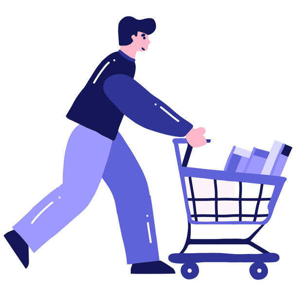Hand Drawn man with shopping cart in flat style isolated on background - Vektor, obrázek