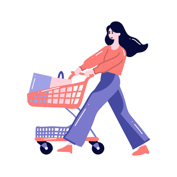 Hand Drawn woman with shopping cart in flat style isolated on background - Вектор, зображення