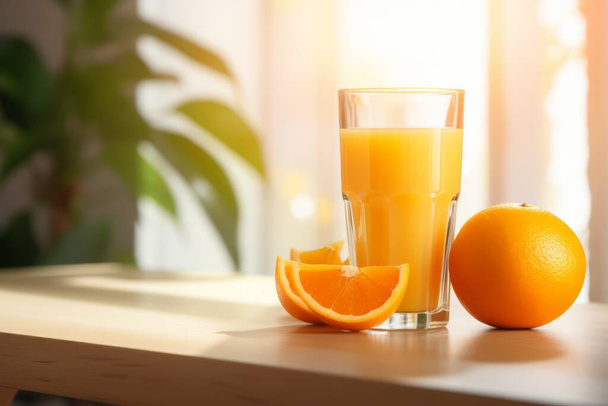 a glass of orange juice next to fresh oranges in a kitchen. Blurred background. High quality photo - Foto, Imagem