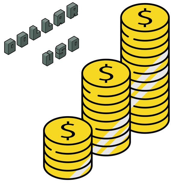 Illustration of coins with a stack of dollar signs. Isometric material for investment and economic infographics. - Vettoriali, immagini