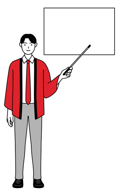 Uomo che indossa un cappotto happi rosso che punta verso una lavagna bianca con un bastone indicatore, Vector Illustration - Vettoriali, immagini