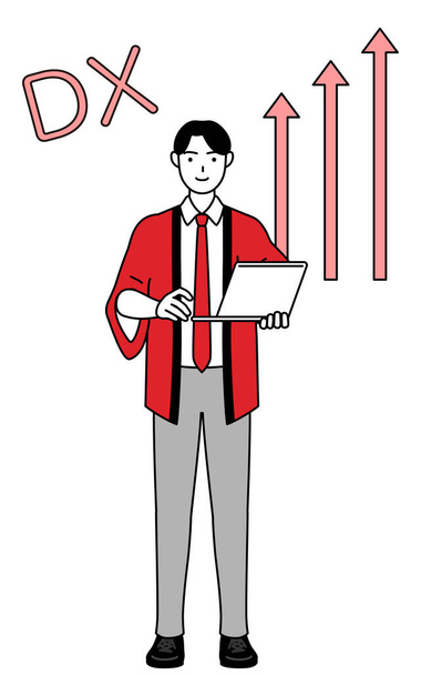 Εικόνα του DX, Ο άνθρωπος φορώντας ένα κόκκινο happi παλτό που έχει βελτιώσει με επιτυχία την επιχείρησή του, Vector Illustration - Διάνυσμα, εικόνα