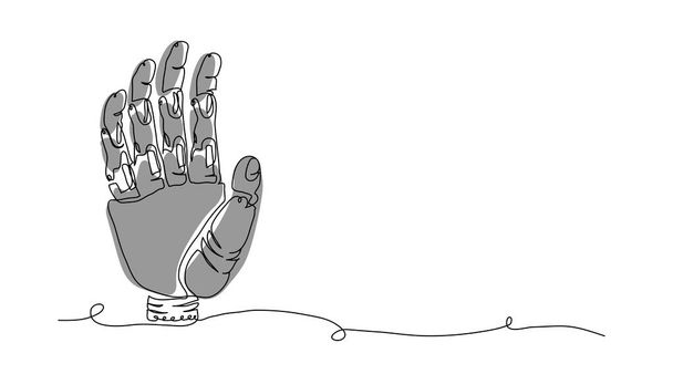 Metalowa ludzka ręka, ramię cyborga, innowacyjna sztuczna technologia. Zrobotyzowana ręka wektorowa, mechaniczna proteza ramienia. Jeden ciągły rysunek linii sztuki. - Wektor, obraz