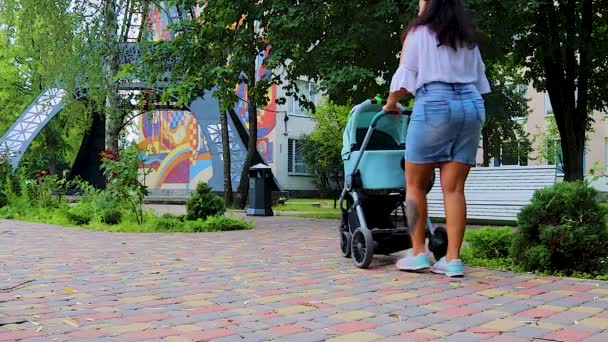 Glückliche Mutter im Gespräch mit ihrem Baby im Kinderwagen beim Spaziergang im Park. Porträt einer glücklichen Mutter beim Entspannen mit einem Kind im Sommerpark. - Filmmaterial, Video
