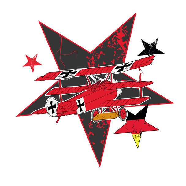 Σχεδιασμός T-shirt ενός παλιού κόκκινου αεροπλάνου πάνω σε αστέρια με τα χρώματα της γερμανικής σημαίας. Εικονογράφηση διανυσμάτων πολεμικών θεμάτων. - Διάνυσμα, εικόνα