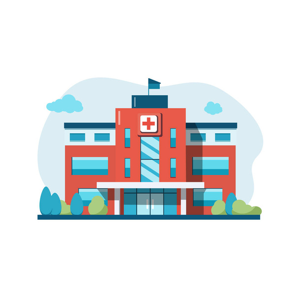 Nemocniční budova izolovaná na bílém pozadí. Cartoon moderní medicína klinika v plochém stylu. Zásoba vektorů - Vektor, obrázek