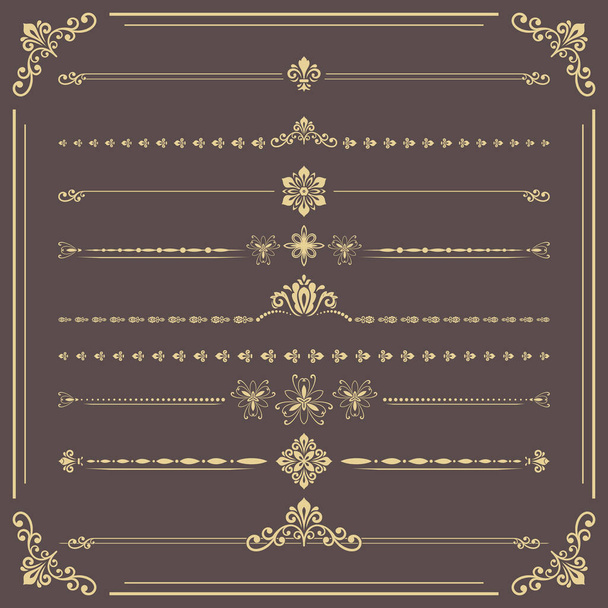 Vintage set of vector decorative elements. Horizontal brown and golden separators in the frame. Collection of different ornaments. Classic patterns. Set of vintage patterns - Vector, Image