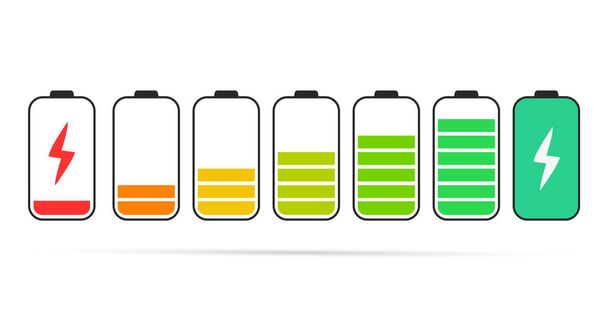 Battery charge indicator icons. Phone charge level, color collection of charge power. Discharged and fully charged battery - Vector, Image