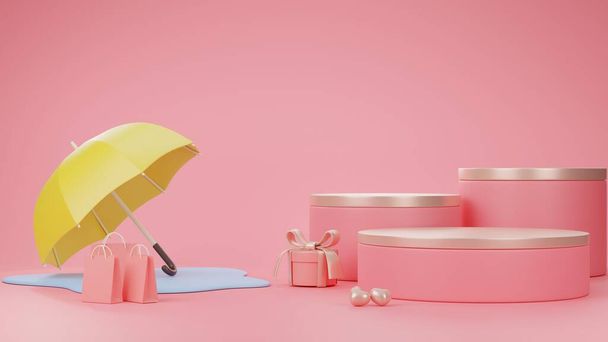 Εικονογράφηση 3d εποχή μουσώνων έχει μια ομπρέλα, κουτί δώρου, τσάντα αγορών, βάθρο για τα προϊόντα δείχνουν, και το νερό στο πάτωμα, με ένα ροζ φόντο. - Φωτογραφία, εικόνα