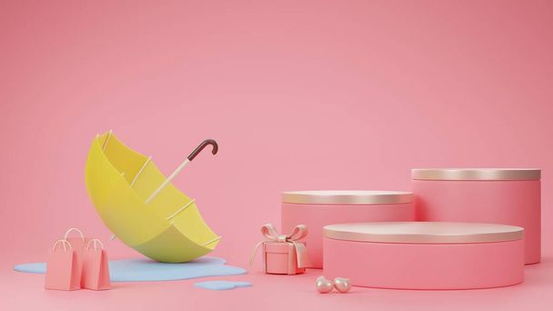 Illustration 3d Monsoon season has an umbrella, gift box, shopping bag, podium for show products, and water on the floor, with a pink background. - Photo, Image