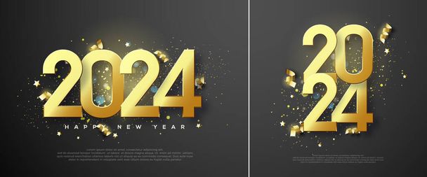 Diseño elegante Feliz Año Nuevo 2024. Ilustración de números de oro con lujoso y brillante brillo de oro. Diseño vectorial premium para saludos y celebración del Feliz Año Nuevo 2024. - Vector, Imagen