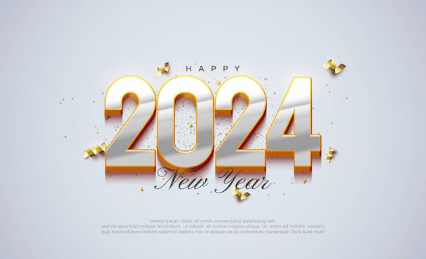 Turuncu arka planda gümüş metalik rakamlarla 2024 yılınız kutlu olsun. Pankart, poster, sosyal paylaşım ve mutlu yıllar için mükemmel vektör tasarımı. - Vektör, Görsel