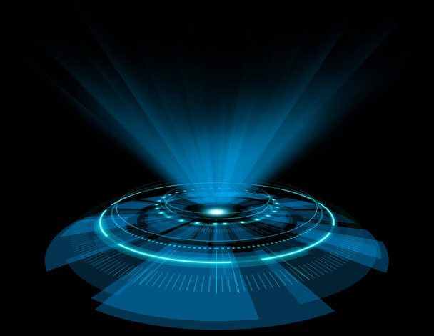 Blaue Neon-holographische Kreistechnologie abstraktes Element 3D-Illustration mit Spotlicht - Foto, Bild
