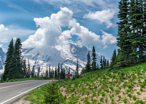 Мнение и дорога на пути к горе Рейнир в штате Вашингтон. - Фото, изображение
