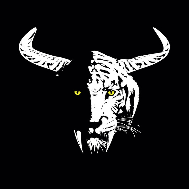 Дизайн футболки с саблезубой головой тигра с рогами, изолированными на черном. Фантастическая иллюстрация для плакатов и наклеек. - Вектор,изображение