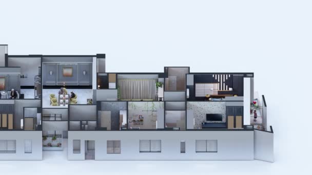 Diseño interior isométrico animado plano típico de la casa de 3 dormitorios - Metraje, vídeo