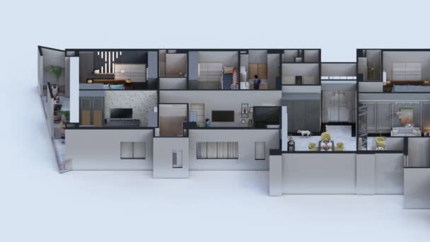Κινούμενο ισομετρικό σχέδιο εσωτερικού σχεδιασμού μονοκατοικίας 3 υπνοδωματίων - Πλάνα, βίντεο