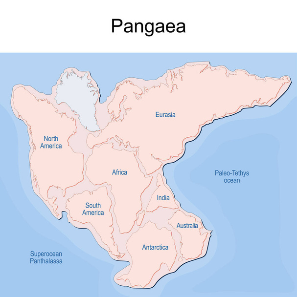 Суперконтинент Пангея з сучасними континентальними кордонами, Суперокеанська Панталса і океан Палео-Тетіс. Карти Пангеї. Континентальна теорія дрейфу. Планета Земля мільйони років тому. Векторні ілюстрації - Вектор, зображення