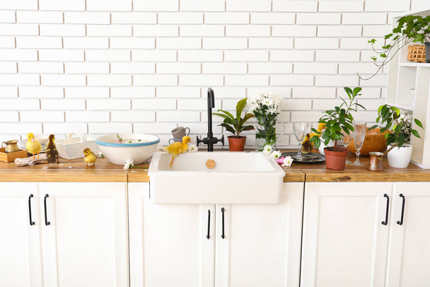 Μπολ με νερό και χαριτωμένα παπάκια στην κουζίνα - Φωτογραφία, εικόνα