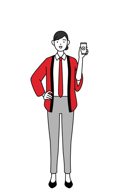 Жінка в червоній шубці, використовуючи смартфон на роботі, Векторна ілюстрація - Вектор, зображення