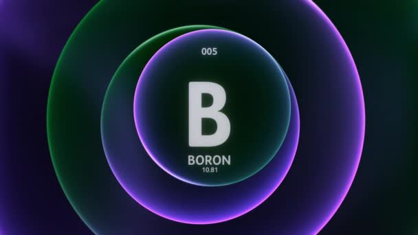 Boori jaksollisen taulukon elementtinä 5. Konsepti animaatio abstrakti vihreä violetti kaltevuus renkaat saumaton silmukka tausta. Otsikko suunnittelu tieteen sisällön ja infographic näyteikkuna tausta. - Materiaali, video