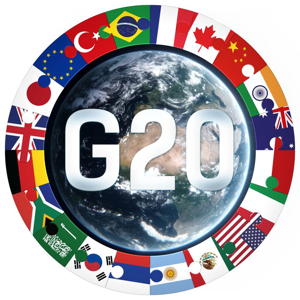 "G20" -Group of Twenty text with member nation flags and globe icon. Isolated 3d Illustration logo of country puzzle piece ring around the world. Symbol of togetherness and international collaboration - Fotó, kép