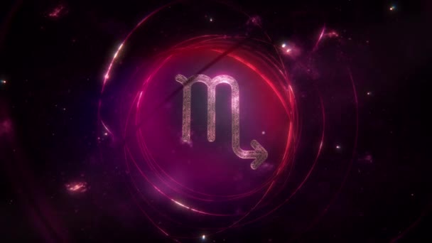 Scorpio zodiac sign as golden ornament and rings on purple violet galaxy background loop. Animation concept of mystic astrology symbol and social media horoscope calendar artwork with copy space. - Footage, Video