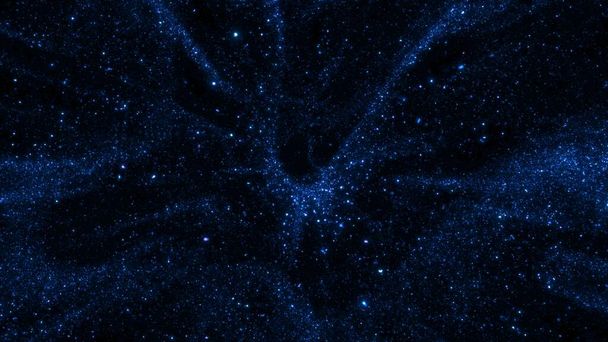 Fondo azul abstracto futurista brillante estrella cósmica de partículas de polvo. Placa posterior de diseño de ilustración 3D con espacio de copia. Exploración espacial y tecnología escenario telón de fondo con polvo de hadas mágico. - Foto, imagen