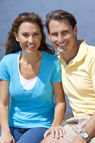 Successful Happy Middle Aged Man and Woman Couple Sitting Outsid - Foto, afbeelding