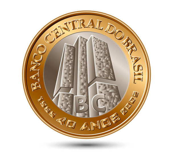 Moeda brasileira comemorativa "One Real", "Quarenta anos Banco Central (2005)" isolada sobre fundo branco. Ilustração vetorial. - Vetor, Imagem