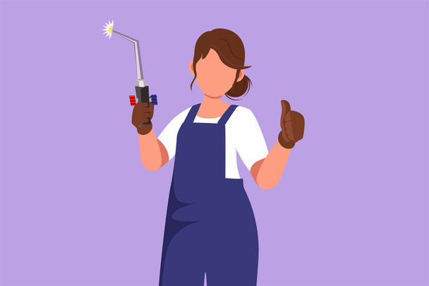 Karikatura plochý styl kreslení samice svářečka drží svařovací nástroj palcem nahoru gestem, pracuje ve výstavbě budovy tvářecí ocelový rám, který je roztaven ohněm. Grafický návrh vektorové ilustrace - Vektor, obrázek