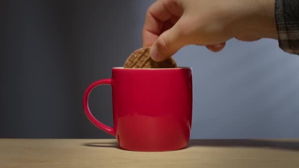 De hand van een man dompelt een koekje - koekje - in een warme drank in een felrode koffiemok. - Video