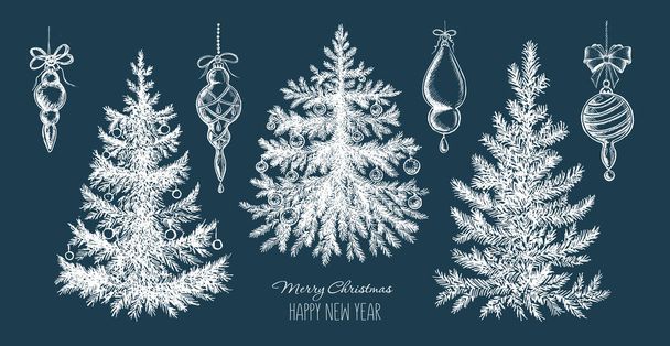 Christmas tree, toys, hand drawn style, vector illustration - Διάνυσμα, εικόνα