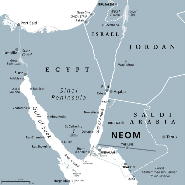 Półwysep NEOM i Synaj, szara mapa polityczna. Neom, planowane inteligentne miasto w prowincji Tabuk w północno-zachodniej Arabii Saudyjskiej, na północ od Morza Czerwonego, na wschód od Egiptu, przez Zatokę Akaba i na południe od Jordanii. - Wektor, obraz