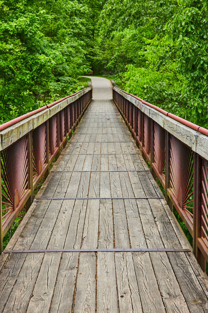 Image of Boardwalk with rusty metal bar railing and worn wooden beams and planks leading to trail - Photo, Image