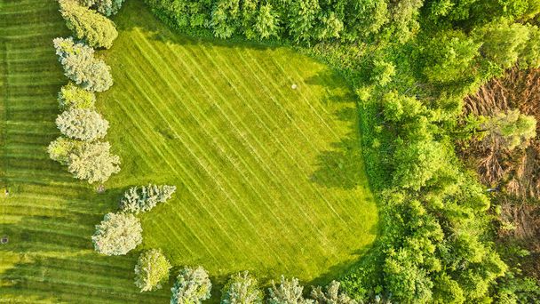 Bild von frisch gemähtem Rasen mit horizontalen Linien, Landschaftsgestaltung und Waldgolfplatz-Qualität - Foto, Bild