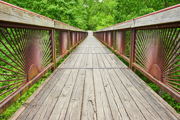 Image of Low angle on gorgeous bridge leading into lush green forest with trail at Bernheim Forest park - Photo, Image