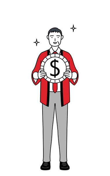 Hombre mayor con un abrigo happi rojo con imágenes de ganancias de cambio de divisas y apreciación del dólar, Vector Illustration - Vector, imagen