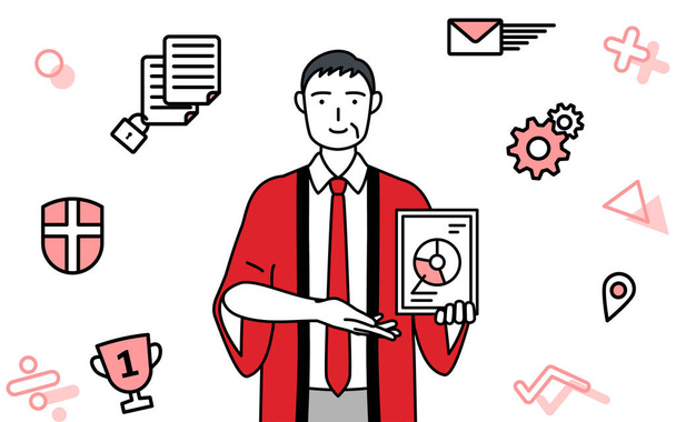 Зображення DX, старший чоловік у червоній шубці з використанням цифрових технологій для поліпшення свого бізнесу, Векторна ілюстрація - Вектор, зображення