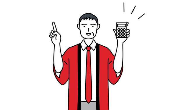 Старший чоловік у червоній шубці, що тримає калькулятор і вказує, Векторна ілюстрація - Вектор, зображення