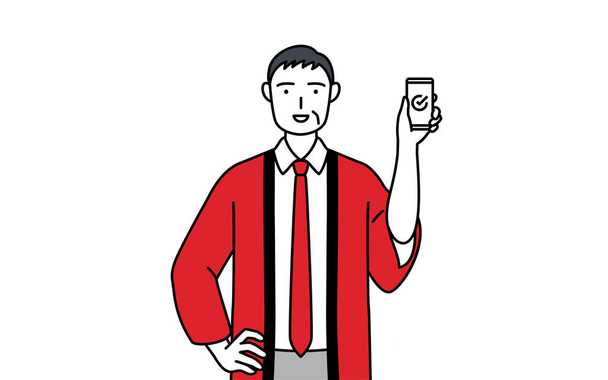 Uomo anziano che indossa un cappotto rosso happi utilizzando uno smartphone al lavoro, Vector Illustration - Vettoriali, immagini