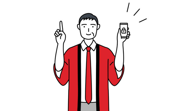 Hombre mayor con un abrigo happi rojo tomando medidas de seguridad para su teléfono, Vector Illustration - Vector, imagen