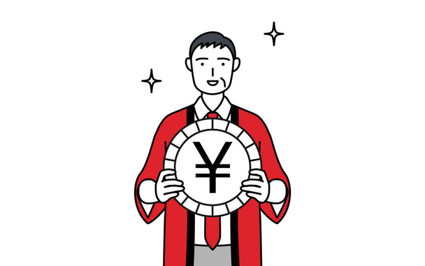 Hombre mayor vistiendo un abrigo happi rojo una imagen de ganancias de cambio de divisas y apreciación del yen, Vector Illustration - Vector, imagen