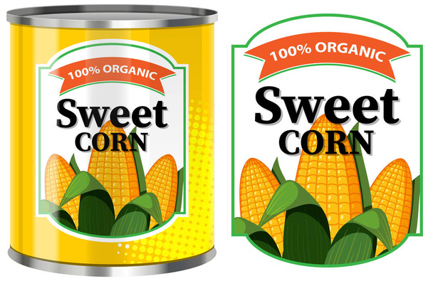 Milho doce em lata de alimentos com etiqueta ilustração isolada - Vetor, Imagem