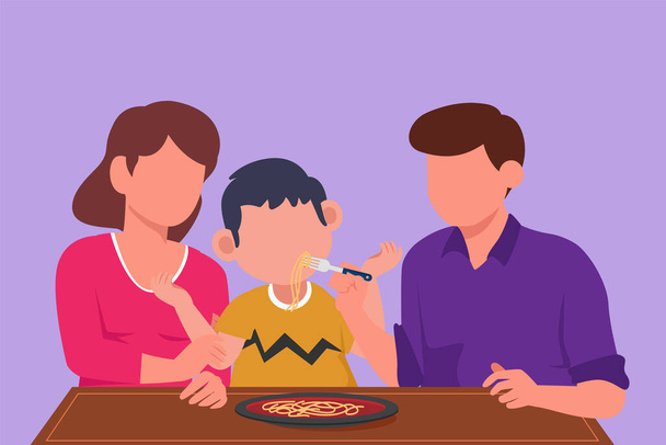 Graficzny płaski design rysunek młodej rodziny jedzącej razem lunch w restauracji. Rodzice karmią syna miłością. Szczęśliwa rodzinka je makaron albo włoskie spaghetti. Ilustracja wektor stylu kreskówki - Wektor, obraz