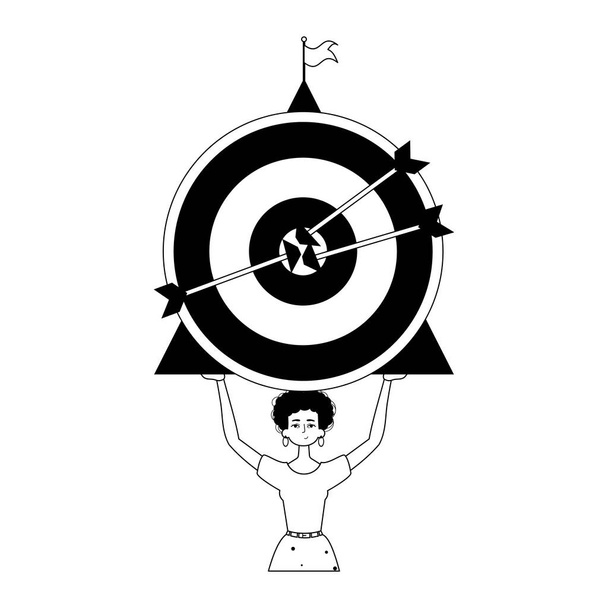 The daughter is holding a target with arrow in the center . accomplishment concept . blacken and White linear style. Trendy style, Vector Illustration - Vector, Image