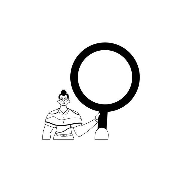 The derision is holding a blow up glass . information search subjugate . black and white linear vogue. Trendy style, Vector Illustration - Vector, Image