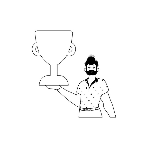 Парень держит чашку. национальным победителем. черно-белая линейная манера. Модный стиль, векторная иллюстрация - Вектор,изображение
